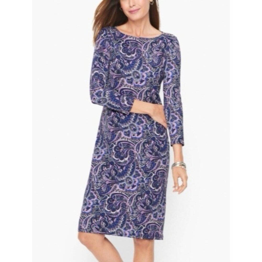 Talbots Shift Dress XL Extra Large Paisley Blue 3/4 Long Sleeve Washable NEW